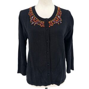Kate Spade Cashmere Blend Embellished Cardigan Sweater L Black Jewel Collar Art